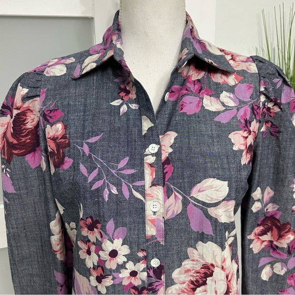 Jill Jill Stuart Chambray Floral Button Up Top Multicolor SZ 2 Long Sleeve NWT - Picture 3 of 10